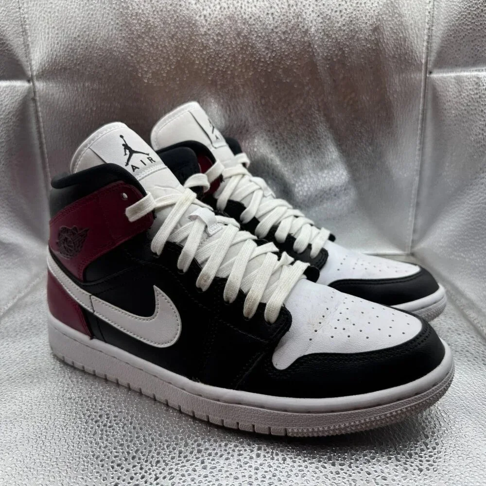 Size 9.5 Nike Air Jordan 1 Black Mid Noble Red White Mens Sneaker‎ BQ6472-016
